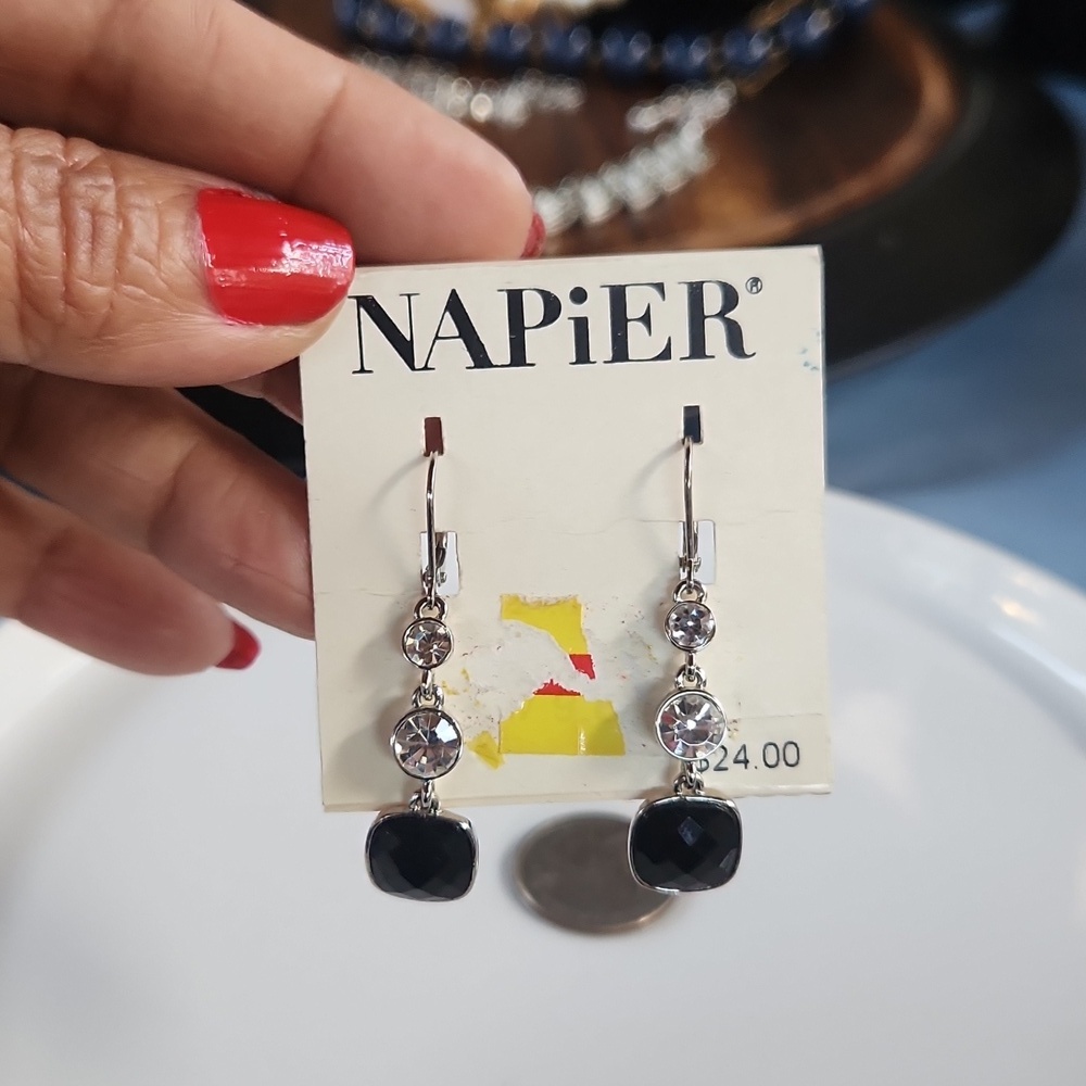Napier Silver Tone Black Crystal Drop Earrings NWT